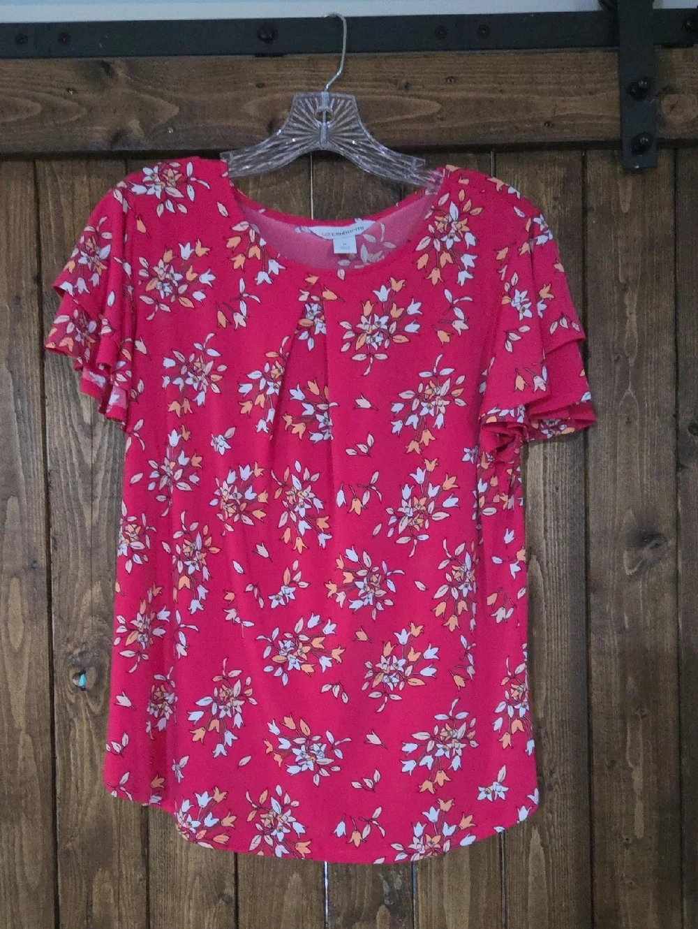 Liz Claiborne Dark Pink Floral Ruffle Sleeve Blouse - Picture 1 of 4